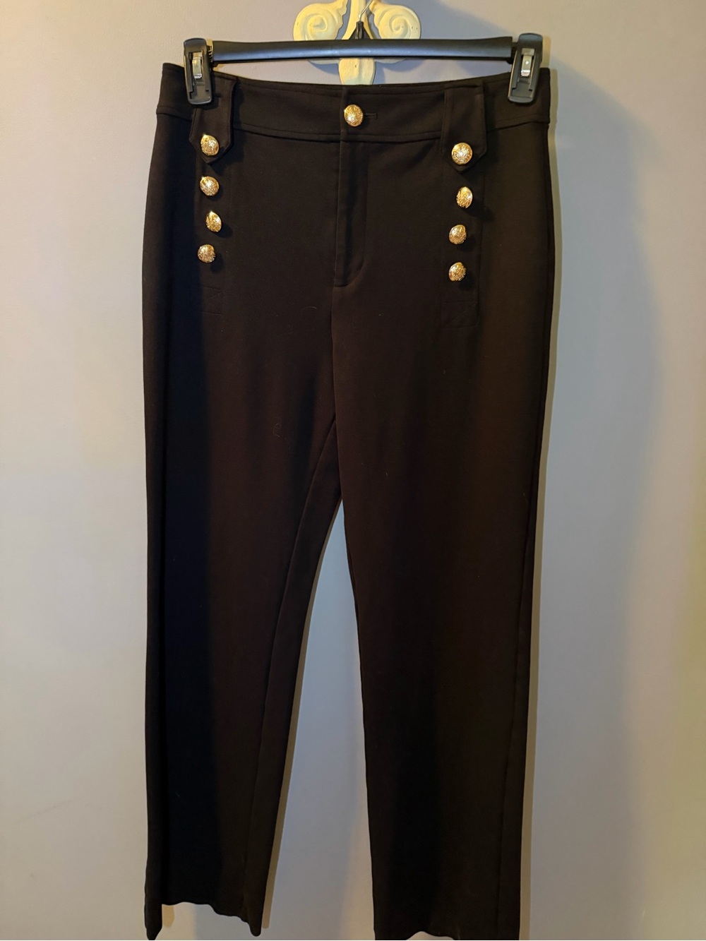 Ralph Lauren Black Straight-Leg Ponte Pants with Gold Buttons